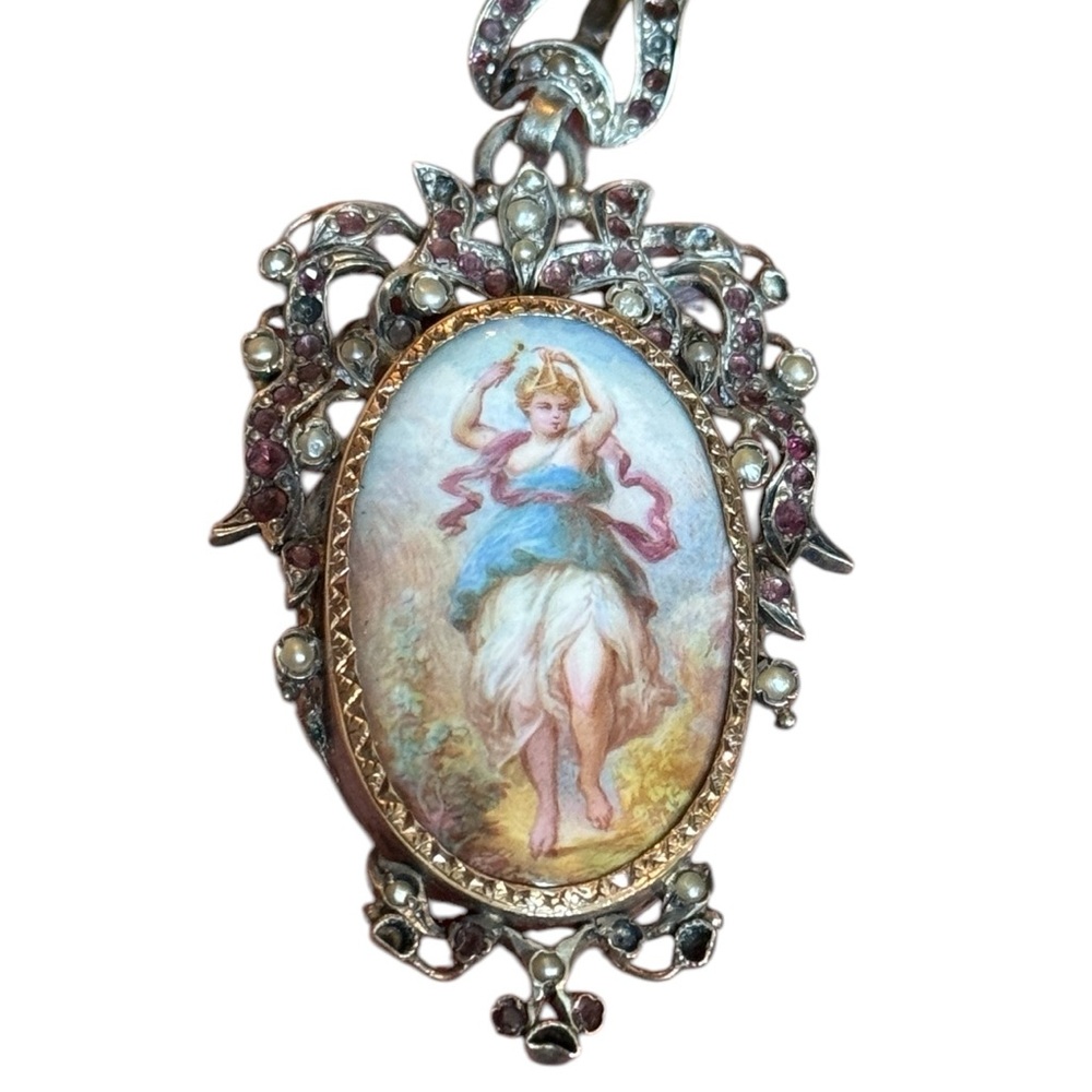 Antique Rare Silver Porcelain Hand Painted Seed Pearl Victorian Pendant - Picture 2 of 2